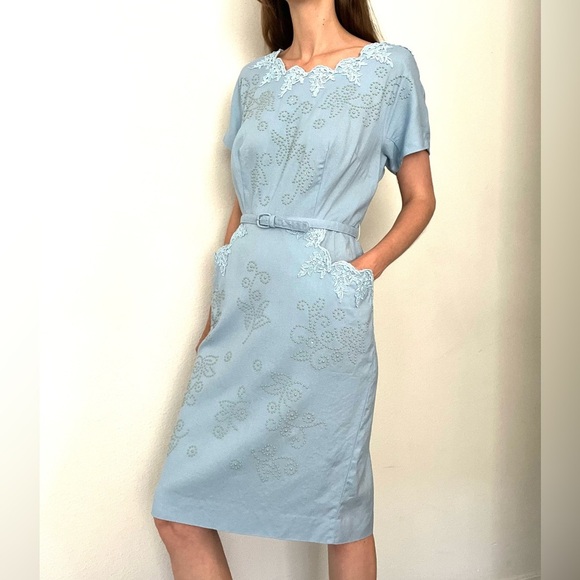 Rare NWT 70s Vintage Light Blue Embellished Belted Dress - Picture 3 of 5